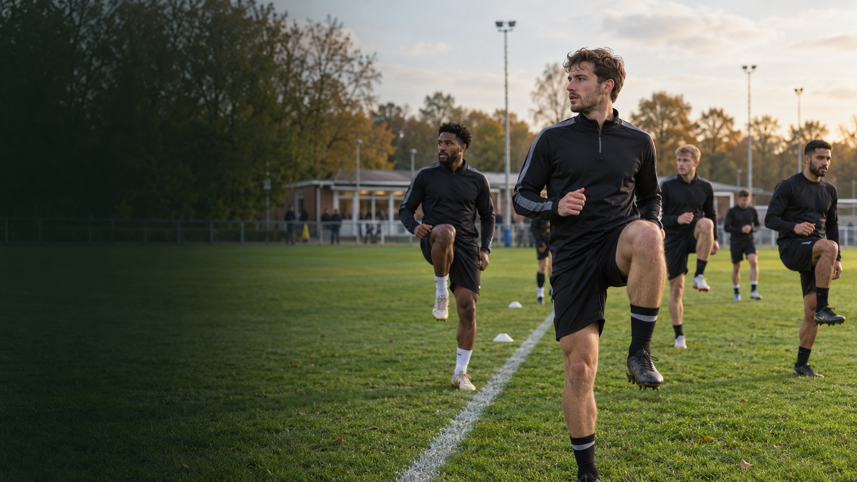 Illustrative amateur players warming up at a local Dutch football pitch